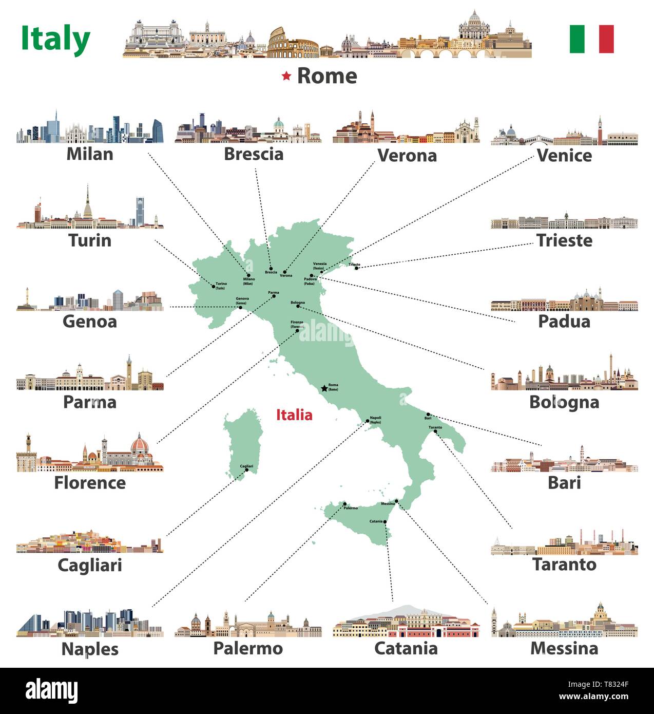 vector illustration of Italy map with main cities skylines Stock Vector