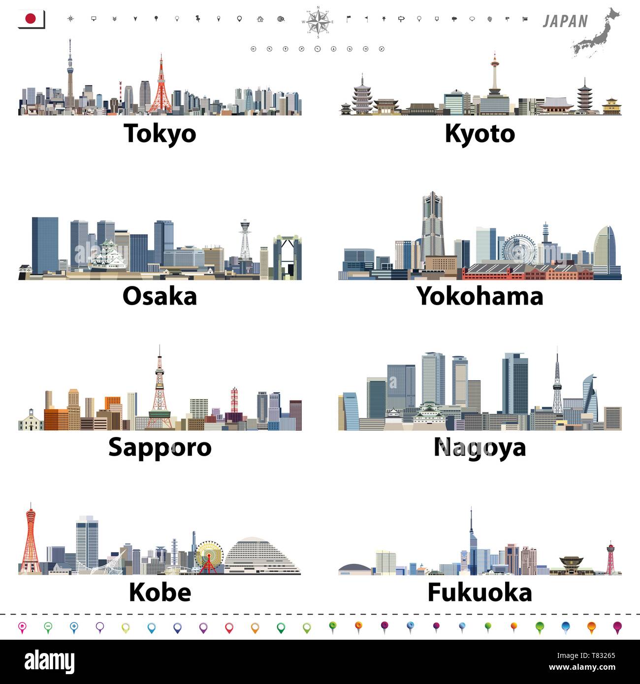 illustration of japanese cities skylines Stock Vector