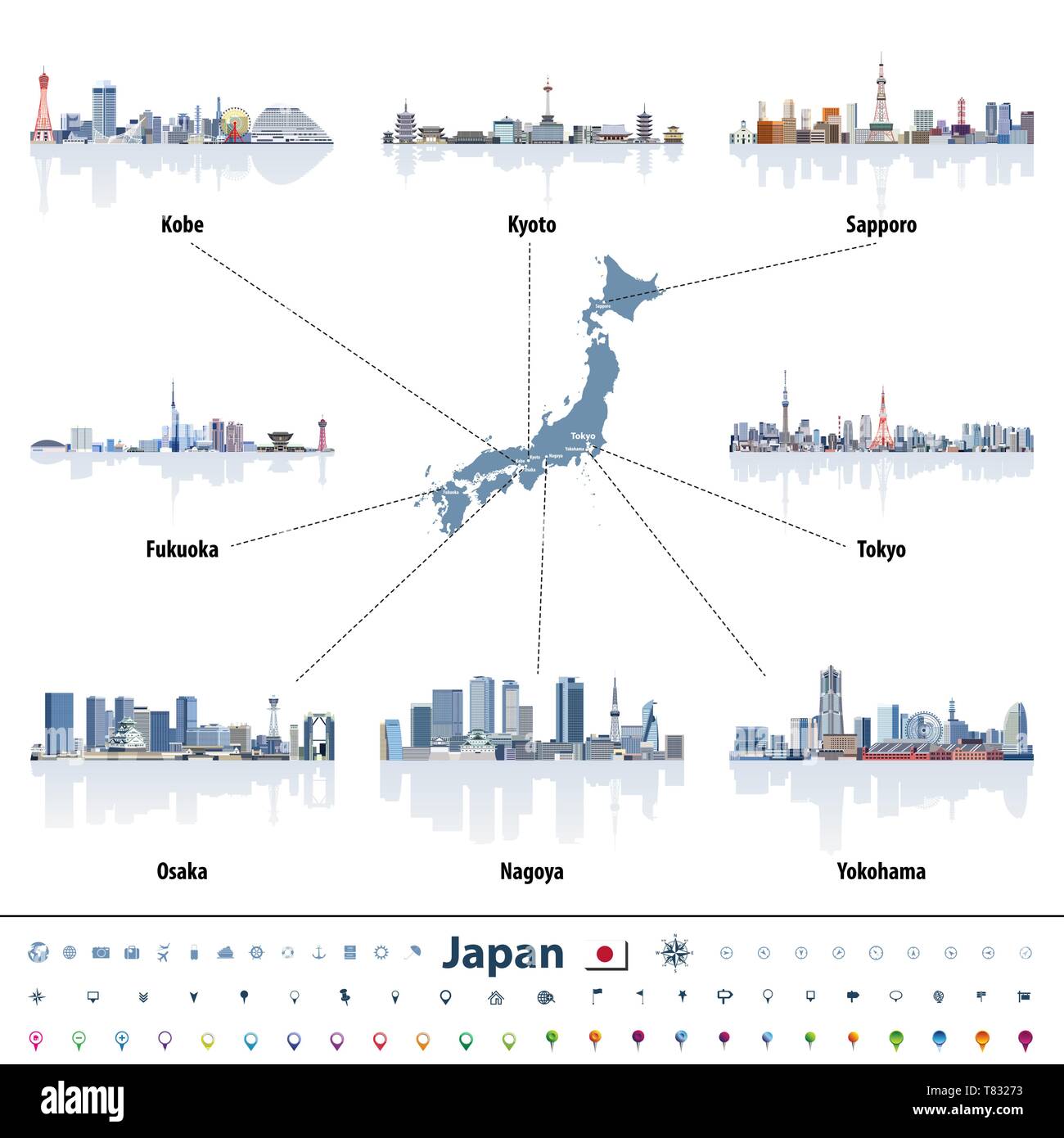 japanese map with largest Japan cities skylines Stock Vector