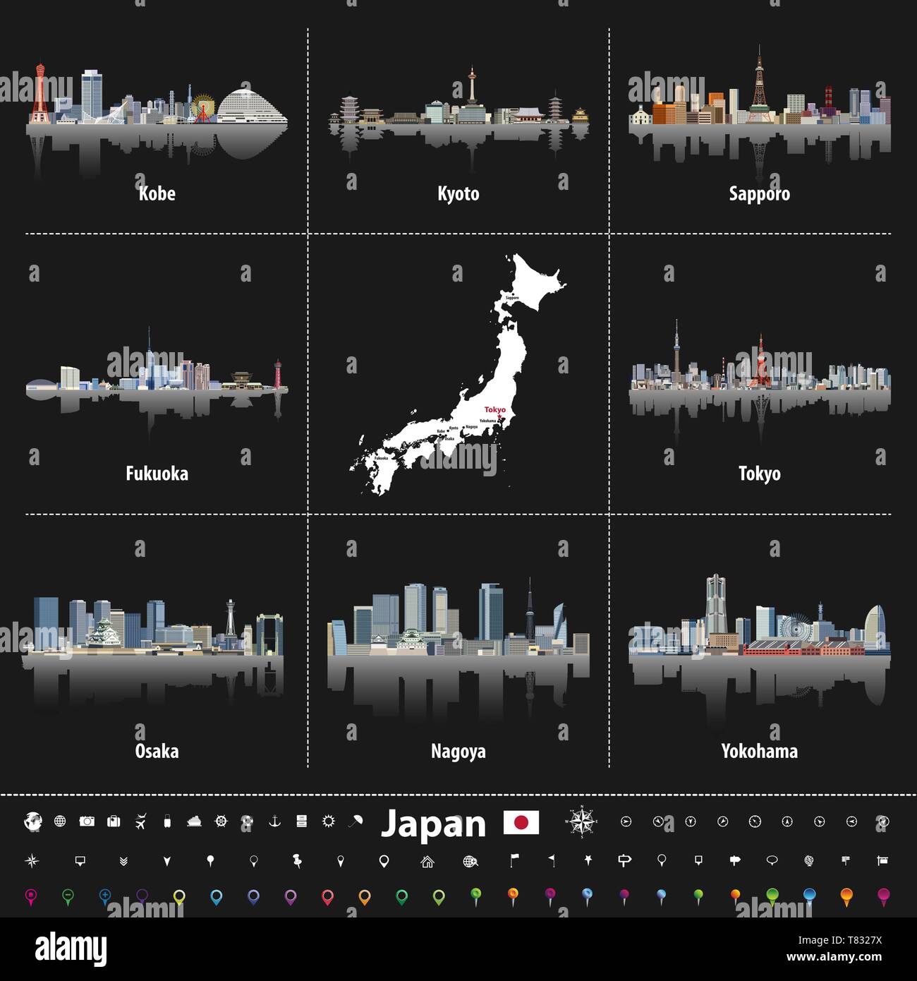 japanese map with largest Japan cities skylines Stock Vector