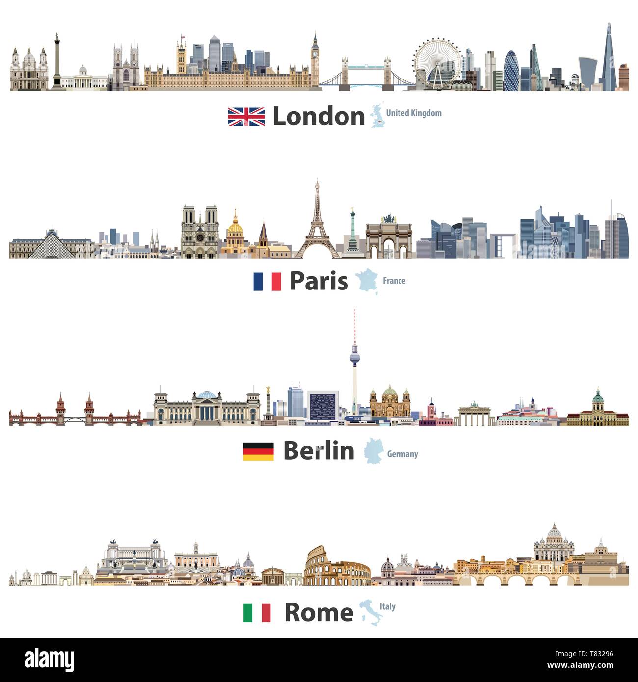 vector skylines of London, Paris, Berlin and Rome Stock Vector