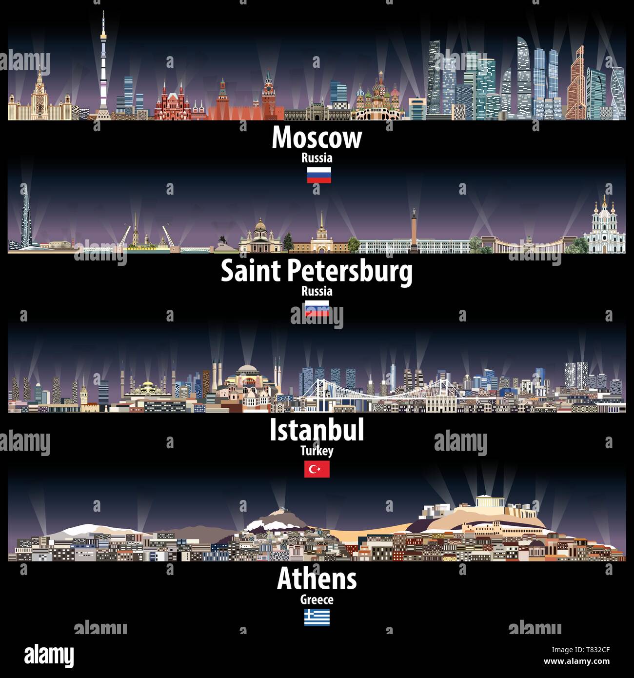 cityscapes of Moscow, Saint Petersburg, Istanbul and Athens Stock Vector