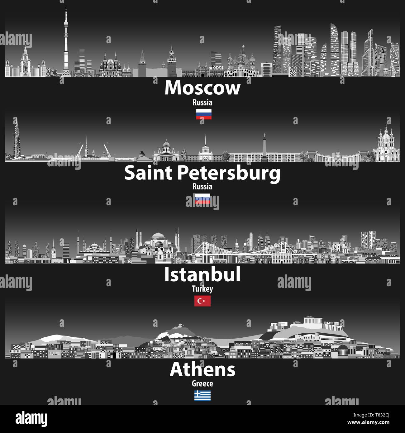 cityscapes of Moscow, Saint Petersburg, Istanbul and Athens Stock Vector