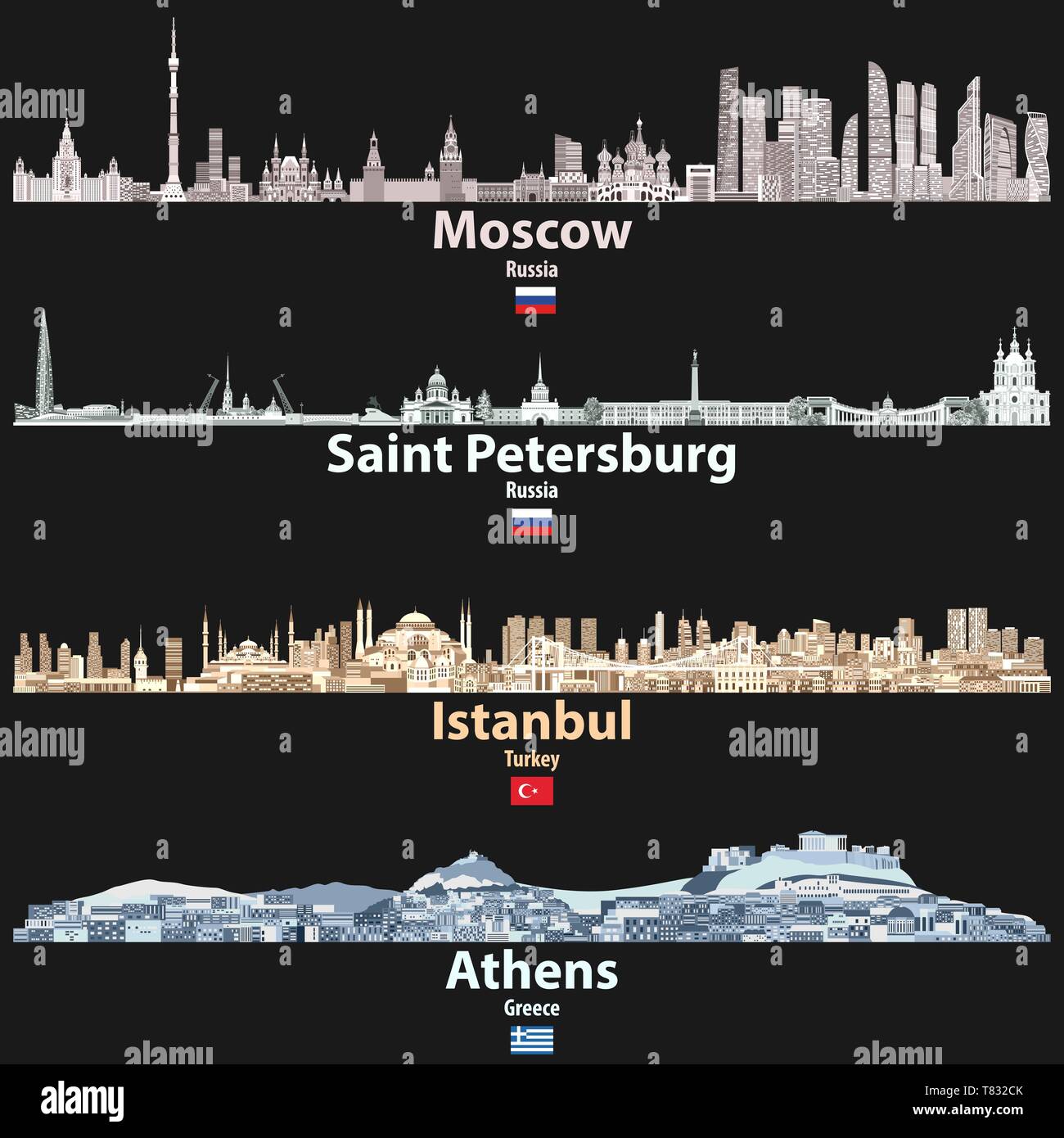cityscapes of Moscow, Saint Petersburg, Istanbul and Athens Stock Vector