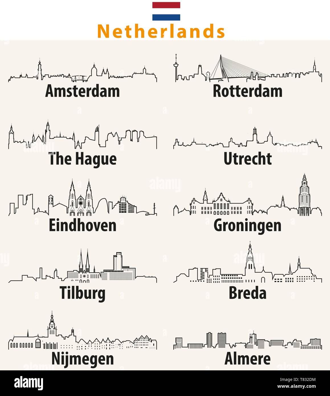 Netherlands largest cities skylines outlines Stock Vector Image & Art