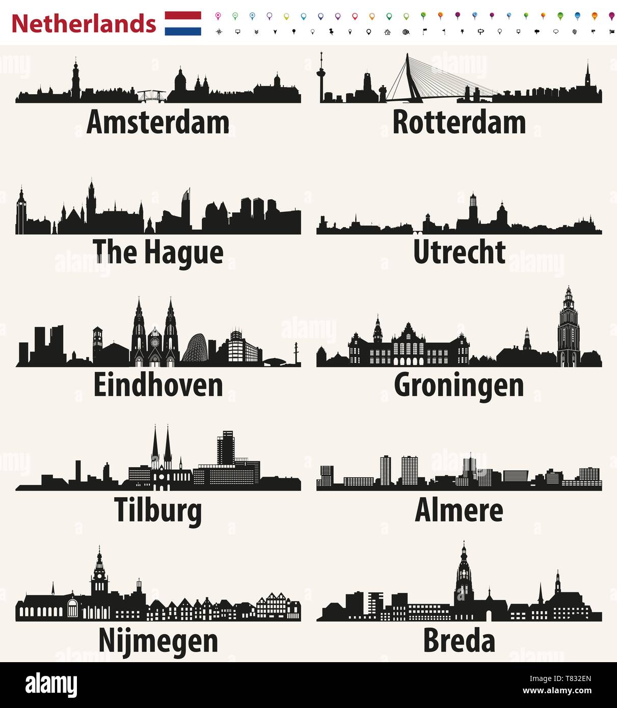 Netherlands largest cities skylines silhouettes Stock Vector