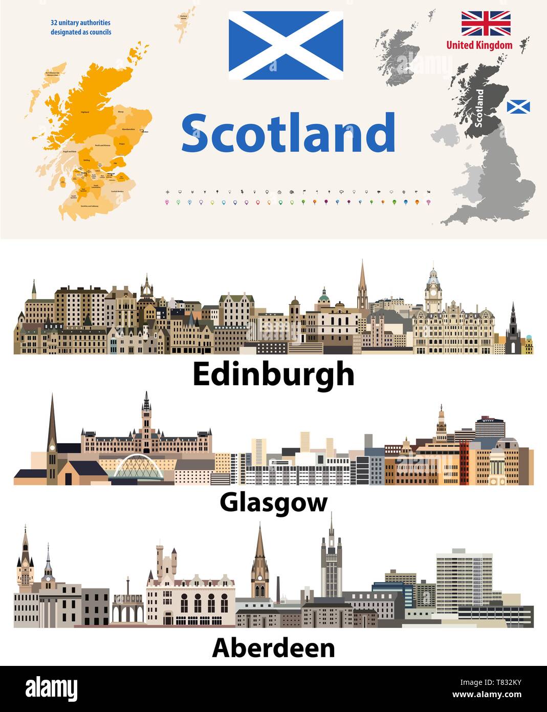 Scotland subdivisions (unitary authorities) map and Scottish largest cities skylines Stock