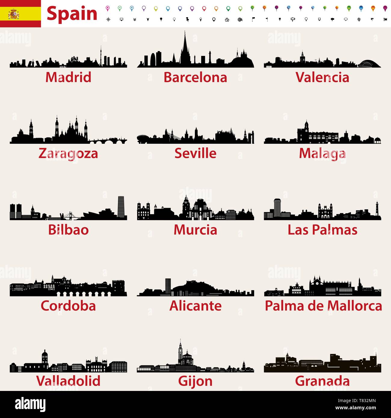 Spain largest cities skylines icons vector illustration Stock Vector