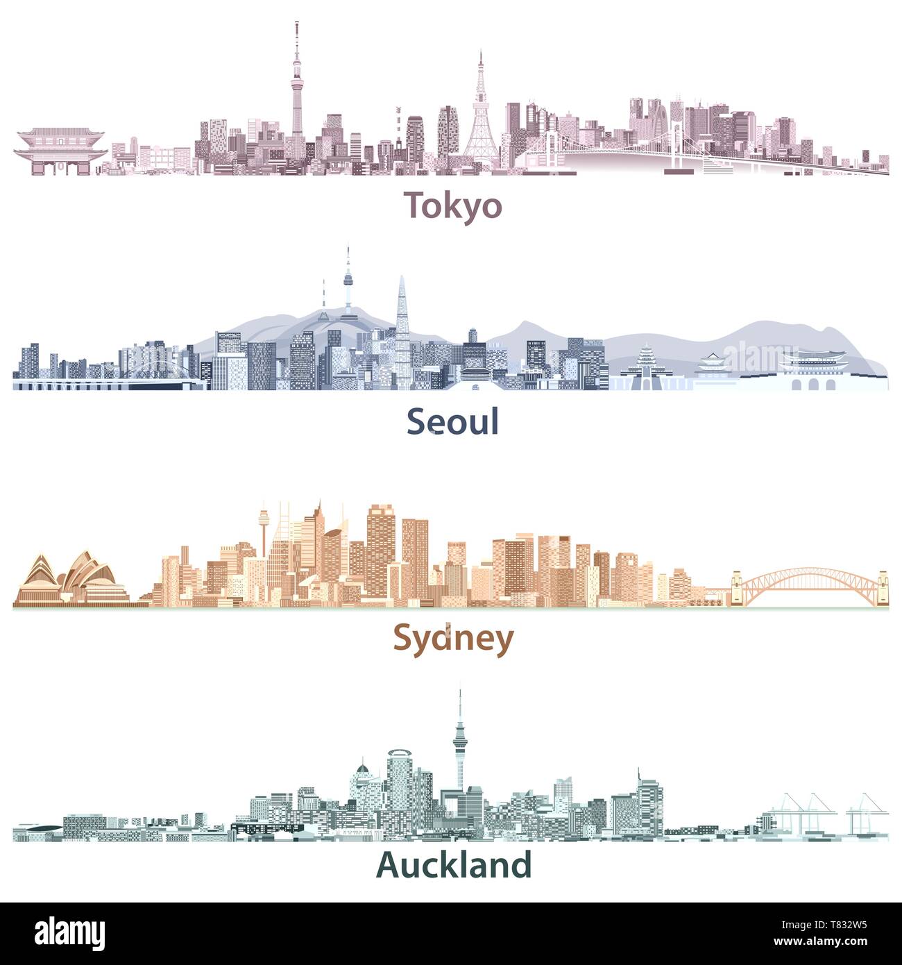 vector illustrations of Tokyo, Seoul, Sydney and Auckland skylines Stock Vector