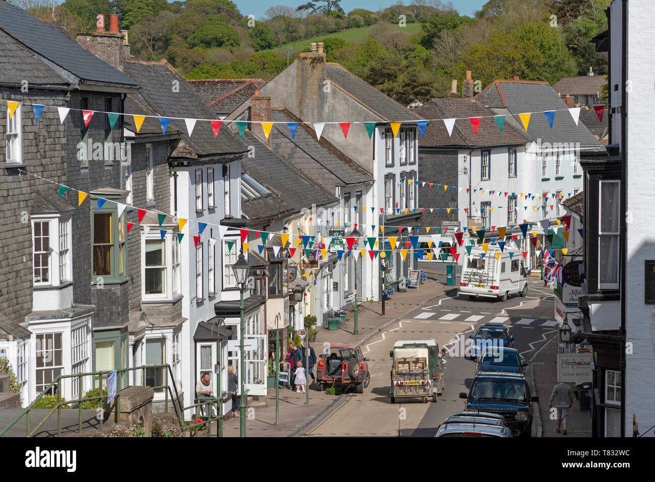 Modbury, South Devon, England, UK. May 2019. The market town of Modbury viewed from the west looking downhill to the town centre Stock Photo