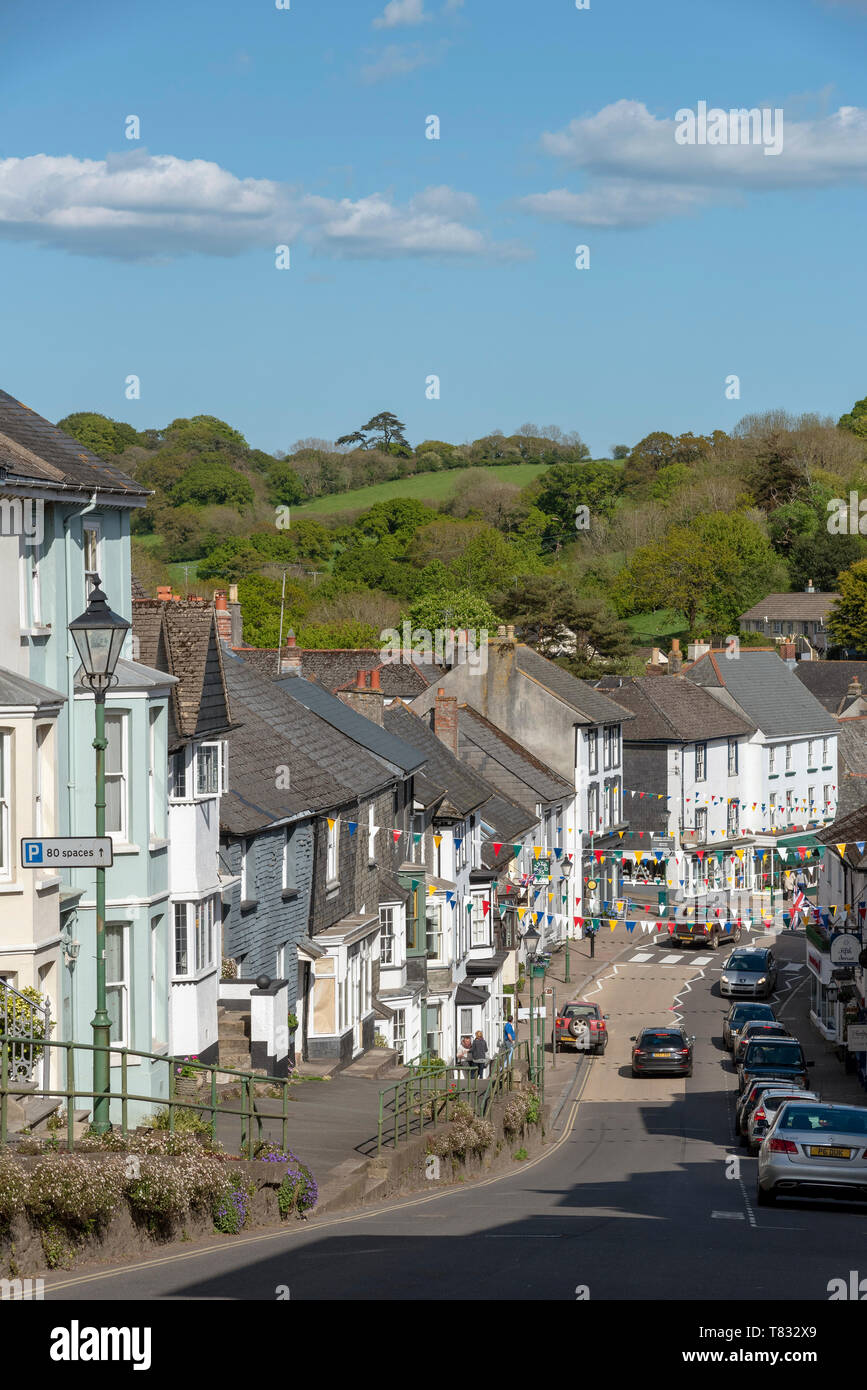 Modbury, South Devon, England, UK. May 2019. The market town of Modbury viewed from the west looking downhill to the town centre Stock Photo