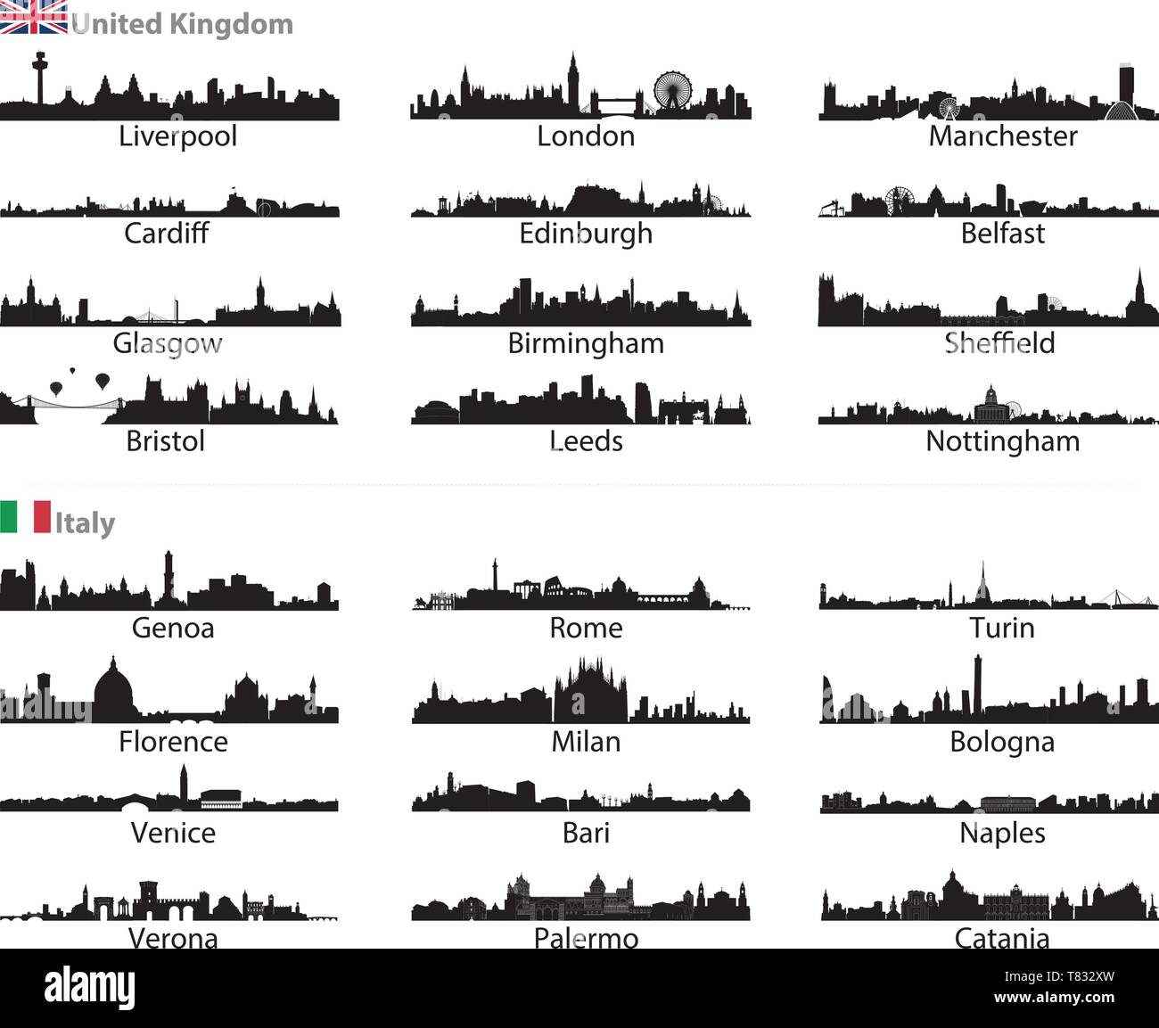 skylines of Italy and United Kingdom cities vector set Stock Vector