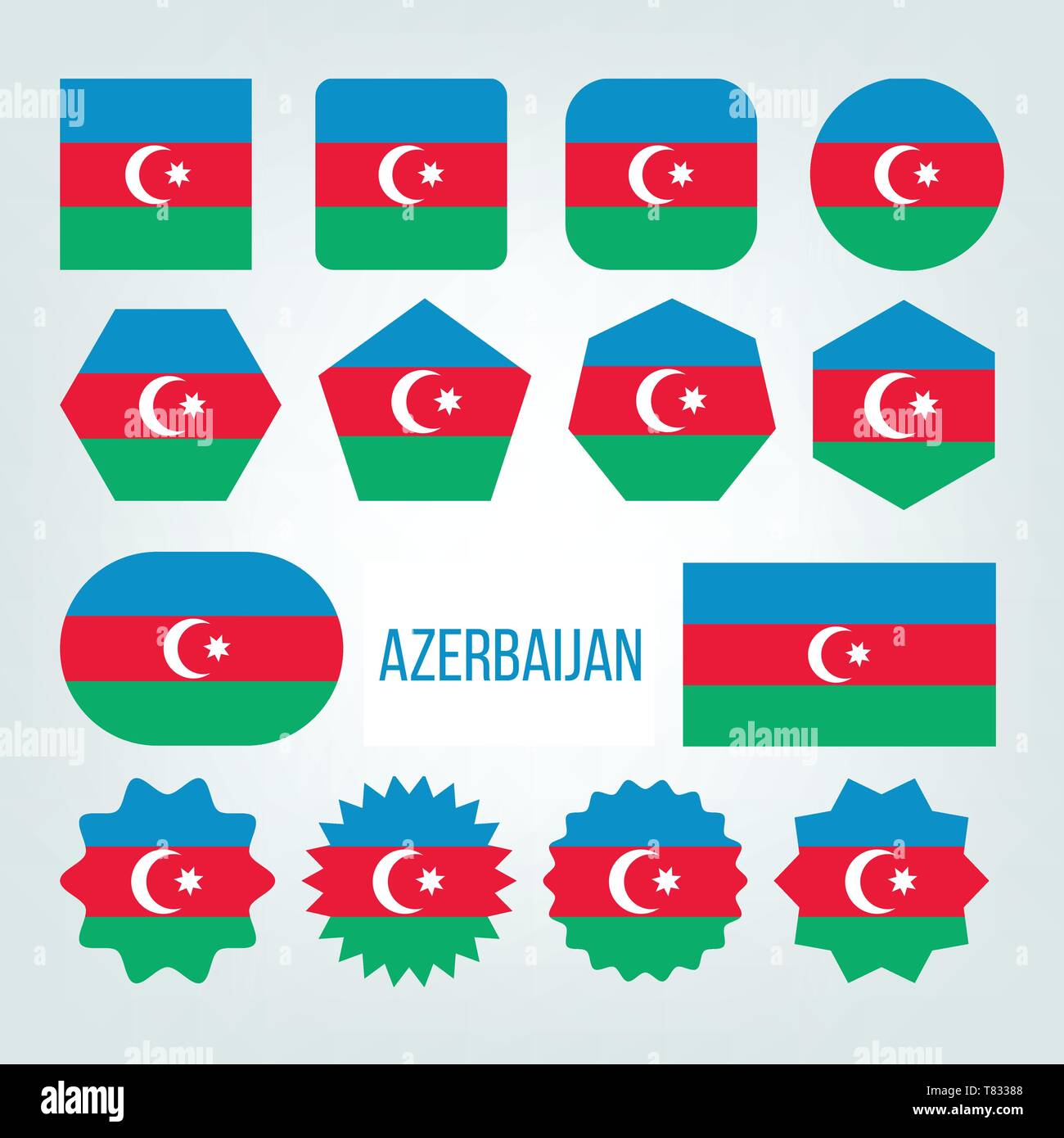 Azerbaijan Flag Collection Figure Icons Set Vector. Blue, Green And Red Color With Crescent And Eight-pointed Star Centered On National Symbol Of Repu Stock Vector