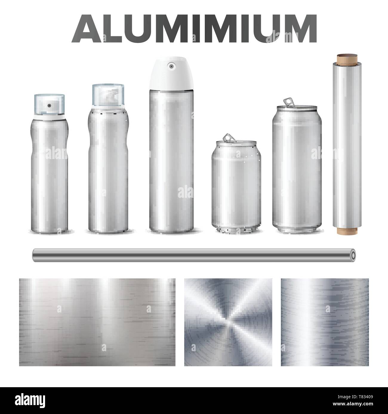 Download Aluminium And Product Made From Metal Stuff Vector Aluminium Blank Beer Or Soda Glossy Bottle Aerosol Spray Foil And Circular Brushed Steel Materia Stock Vector Image Art Alamy