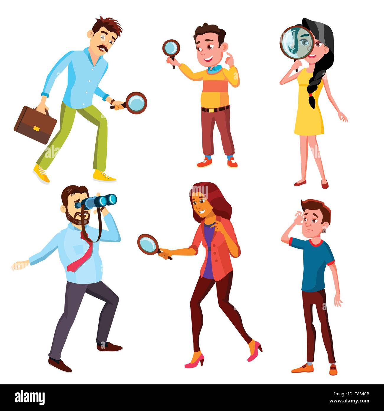 Curious Characters Looking Information Set Vector. Woman And Man Searching Through A Magnifying Glass, Male Watching In Binocular And Boy Looking Into Stock Vector