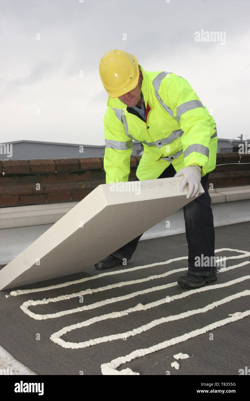 A builder installs additional thermal insulation onto a flat roof by placing  insulation blocks onto sprayed adhesive foam. Stock Photo