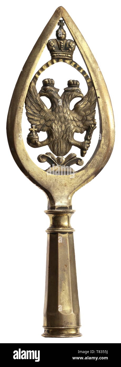 A flag finial M 1803 for line regiments of the Russian infantry and cavalry from the reign of Tsar Alexander I Bronze with partially preserved fire gilding. Openwork point with crowned, chased double-headed eagle at centre. Octagonal, conical socket. Height 25.5 cm, largest width 8.6 cm. Signs of use. Extremely rare, early flag finial. Cf. Zweguintzow, Russische Fahnen, Paris. historic, historical, 19th century, Additional-Rights-Clearance-Info-Not-Available Stock Photo