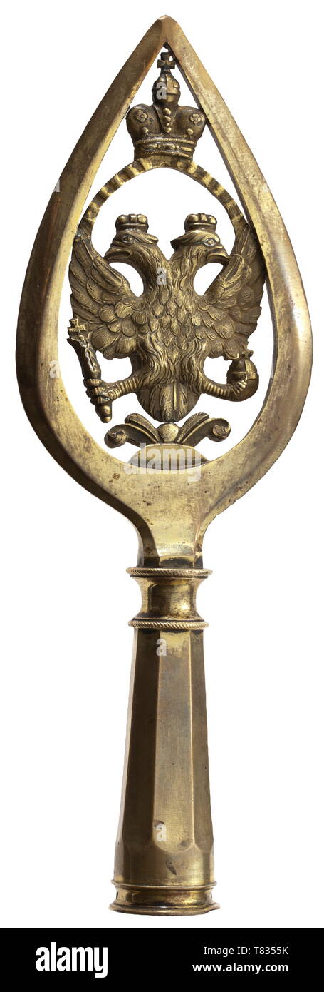 A flag finial M 1803 for line regiments of the Russian infantry and cavalry from the reign of Tsar Alexander I Bronze with partially preserved fire gilding. Openwork point with crowned, chased double-headed eagle at centre. Octagonal, conical socket. Height 25.5 cm, largest width 8.6 cm. Signs of use. Extremely rare, early flag finial. Cf. Zweguintzow, Russische Fahnen, Paris. historic, historical, 19th century, Additional-Rights-Clearance-Info-Not-Available Stock Photo