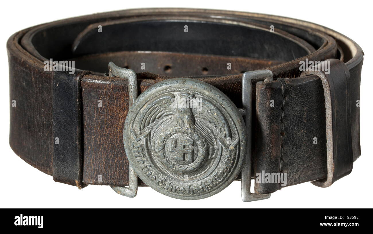 A leather waist belt for SS officers Late waist belt buckle (slightly  migrated) of zinc, reverse stamping "RZM", "SS", "36/39" and "OLC".  Complete with the waist belt of black leather with aluminium
