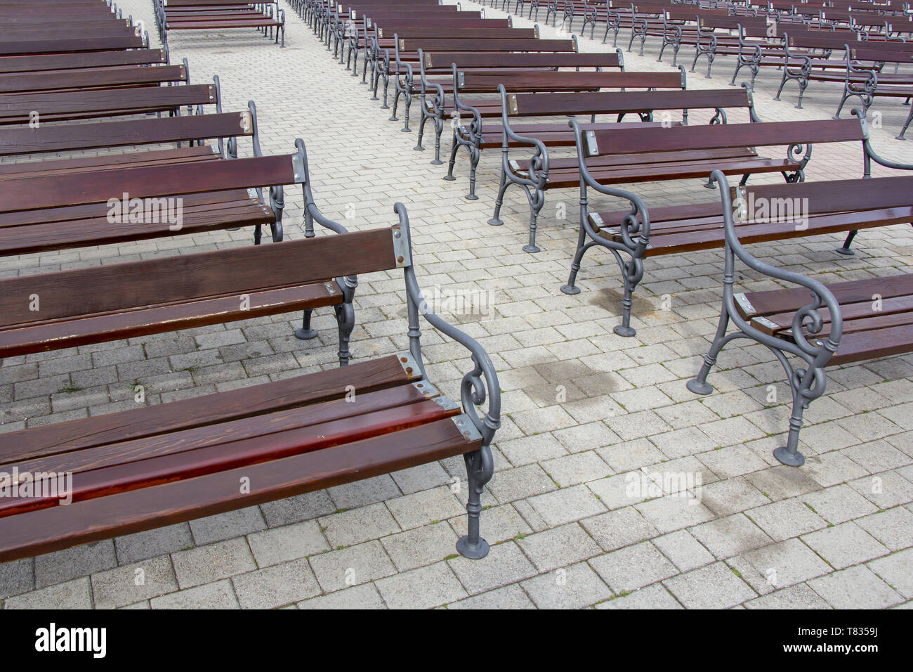 Lot of Rows of empty brown wooden benches Stock Photo