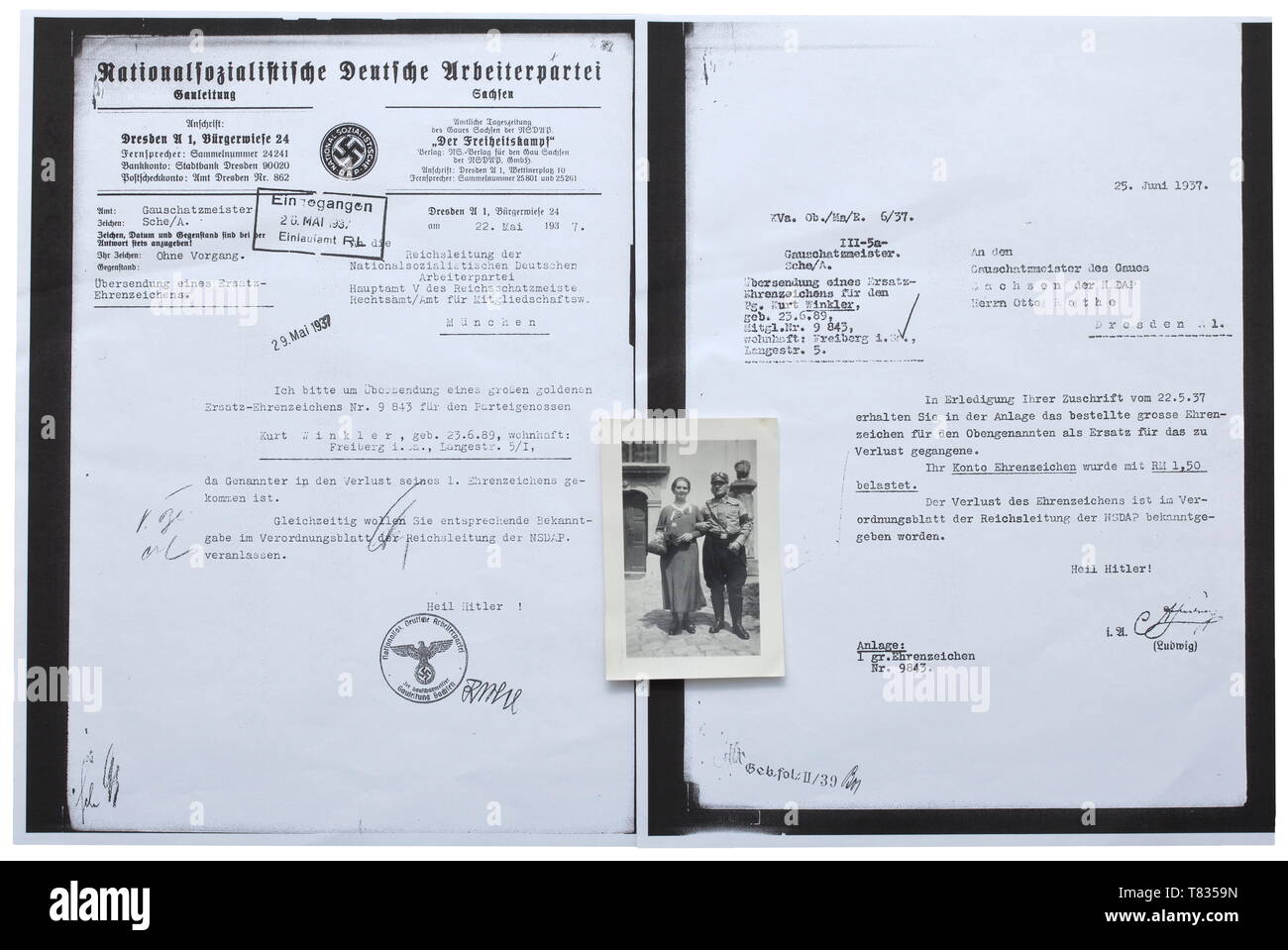 The estate of 'party comrade' Kurt Winkler Consisting of the large issue of the Golden Party Badge (reverse 'Ges. Gesch.', award number '9843') and the small issue (reverse attachment modified long ago, award number '9843'), the General Gau Honour Badge with year cipher 1923 (enamelled silver, reverse punched maker's and fineness mark 'R. Wächter & Lange Mittweida 800'), a three-piece large orders clasp (EK II of 1939, NSDAP Long Service Awards 2nd and 3rd Class) as well as a photo of Winkler in NSKK uniform next to his wife. Included is a photocopy of an extract of Winkler, Editorial-Use-Only Stock Photo