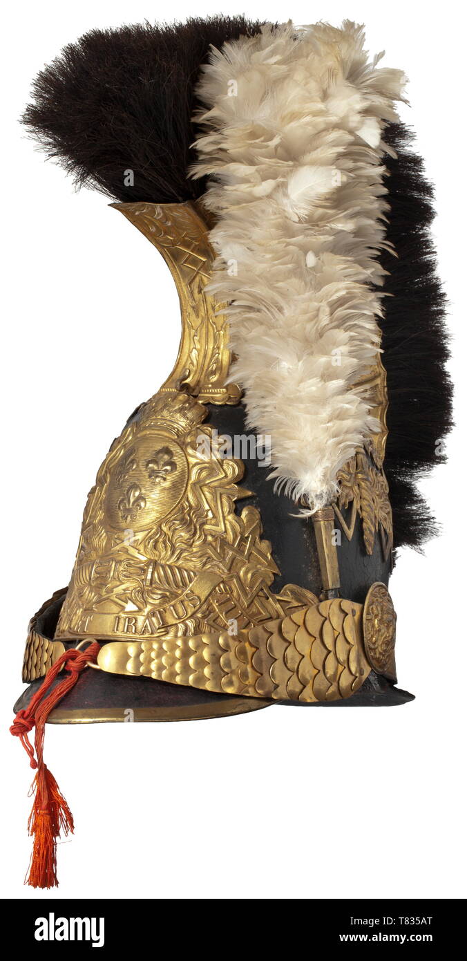 A helmet M 1814 for officers of the guard gendarmerie Black leather body, gilt fittings, black horsehair crest (replaced), stamped and gilt emblem with the crowned French coat of arms, thunderbolts and inscription scroll 'Quo jubet iratus Jupiter'. Velvet-backed chinscales on Gorgon heads, liner damaged. Small flaw at neck guard, white feather plume. The gendarmes of the guard belonged to the corps of the royal house. They were formed during the First Restoration in 1814 and were dissolved during the Second Restoration. Only a gendarme company of, Additional-Rights-Clearance-Info-Not-Available Stock Photo