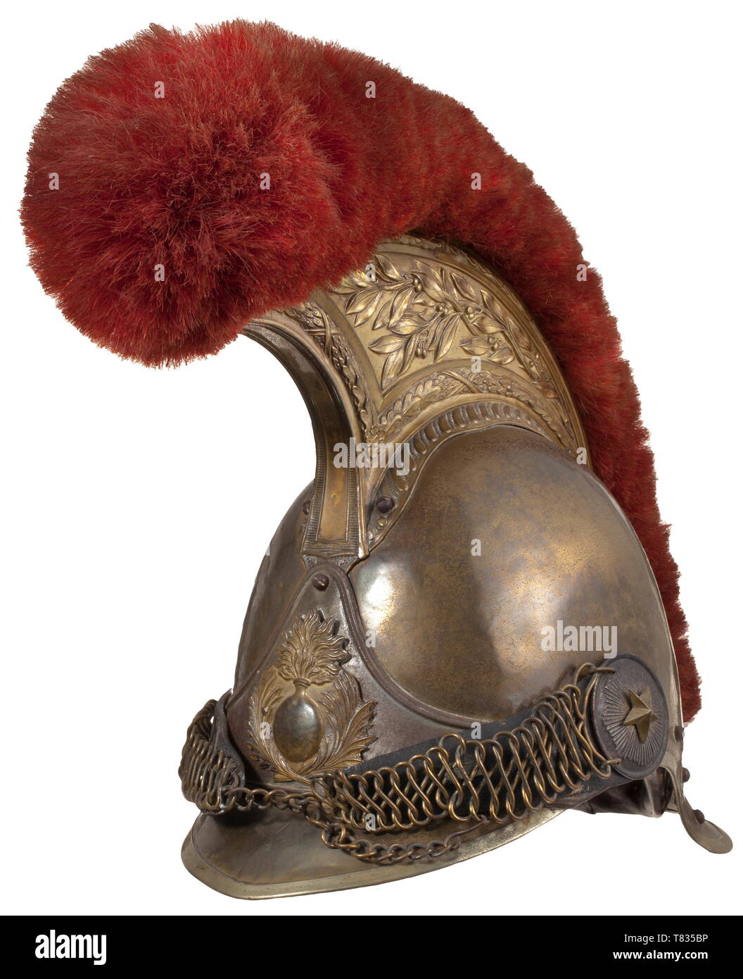 A helmet M 1856 for enlisted men of the Carabiniers Helmet skull of brass. Gilt comb in relief with red horsehair crest and nickel silver edging, iron emblem with nickel silver coating and applied brass grenade. Leather-backed brass chin scales on rosettes with applied star. Brown front visor liner (damaged), replaced brown leather liner. Traces of usage and age. historic, historical, 19th century, Europe, 19th century, Additional-Rights-Clearance-Info-Not-Available Stock Photo