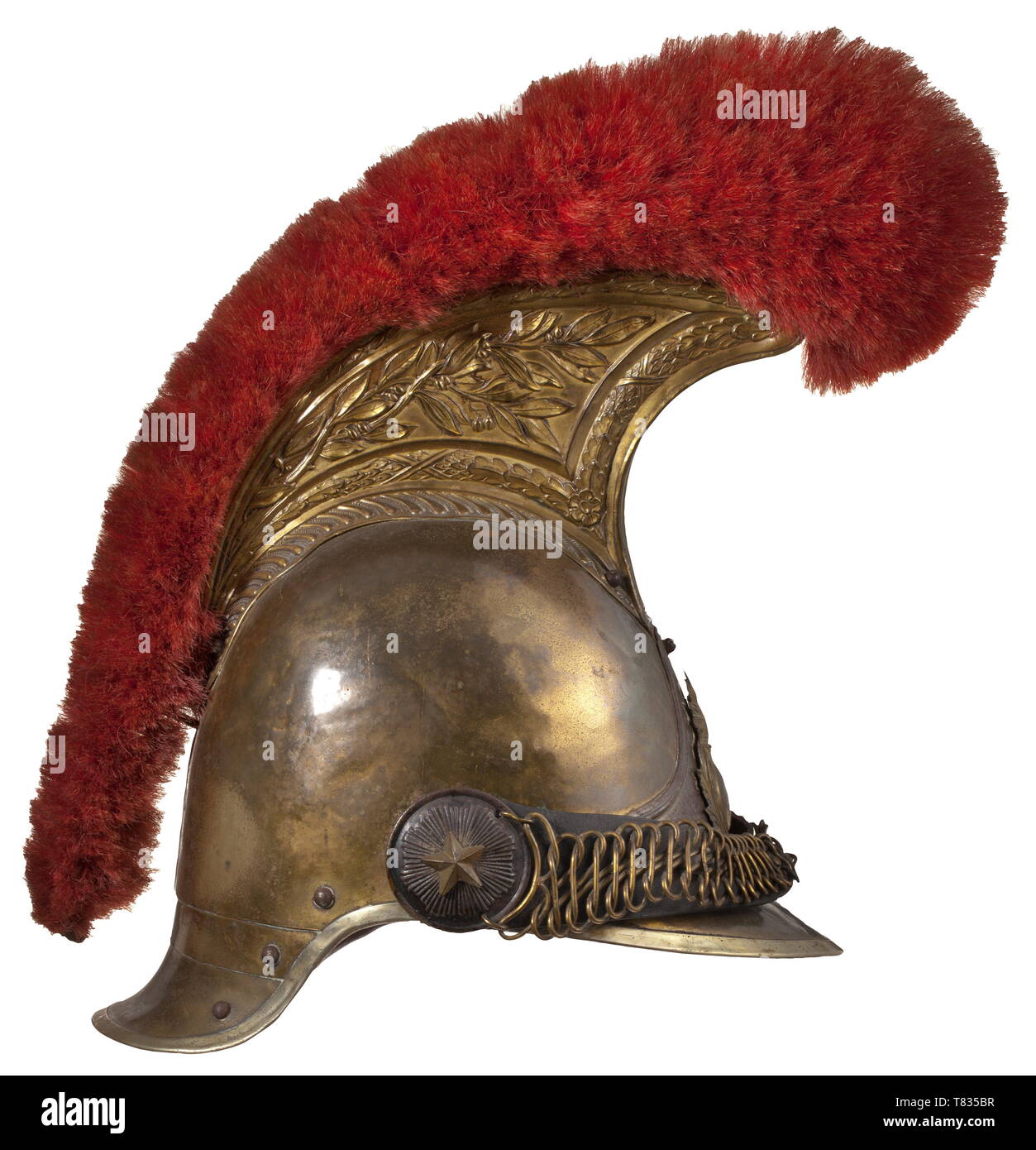 A helmet M 1856 for enlisted men of the Carabiniers Helmet skull of brass. Gilt comb in relief with red horsehair crest and nickel silver edging, iron emblem with nickel silver coating and applied brass grenade. Leather-backed brass chin scales on rosettes with applied star. Brown front visor liner (damaged), replaced brown leather liner. Traces of usage and age. historic, historical, 19th century, Europe, 19th century, Additional-Rights-Clearance-Info-Not-Available Stock Photo