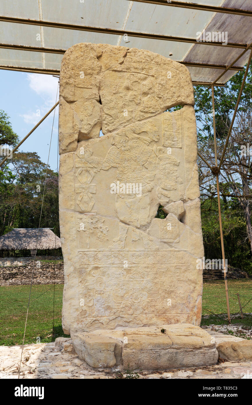 Maya civilisation - Mayan art -a carved standing stone, Stela 1, Bonampak ancient mayan ruin site, Bonampak, Yucatan, Mexico Latin America Stock Photo