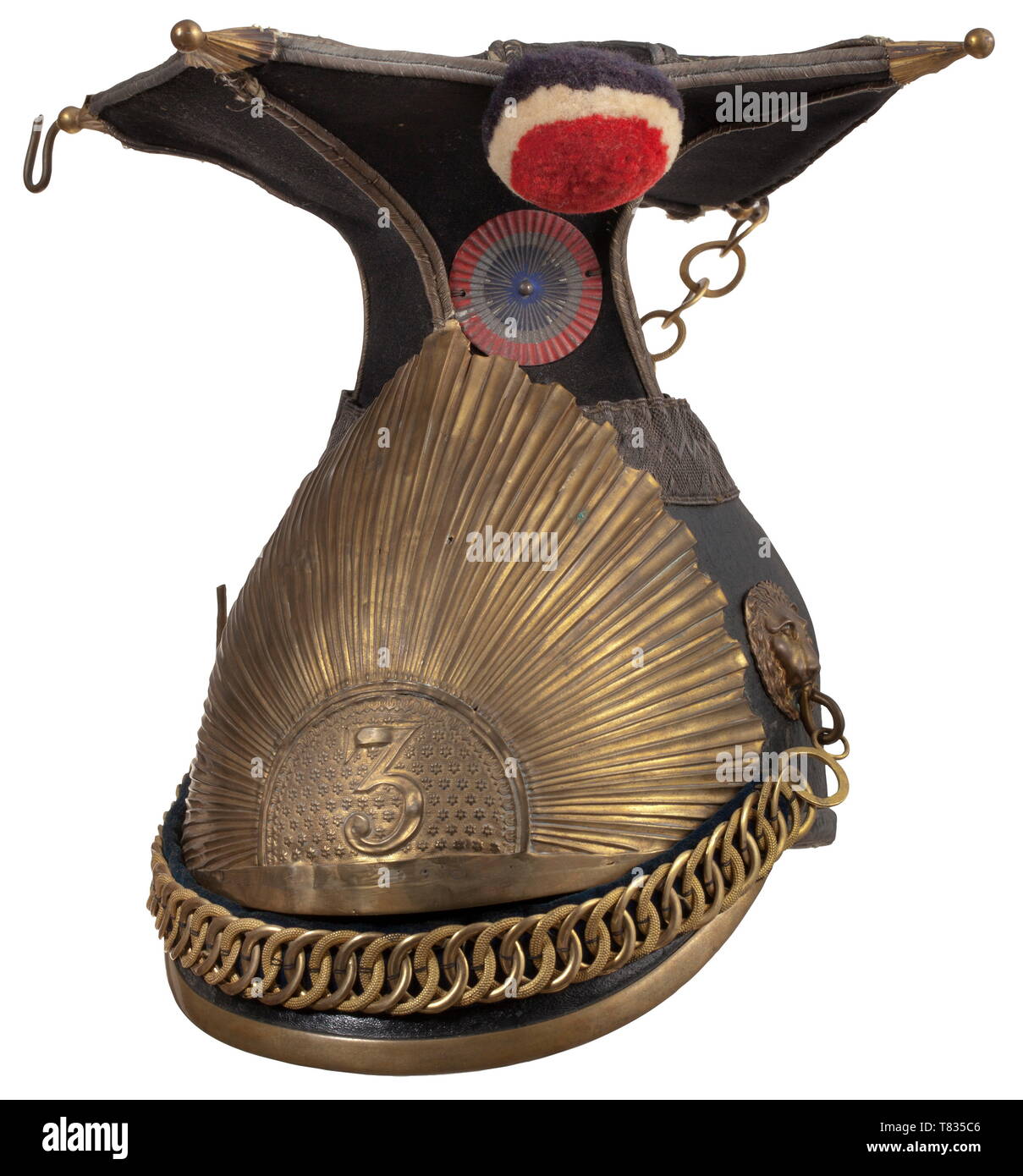 A czapka M 1845 for enlisted men of the lanciers The body of black leather with a black wool felt cover and silver piping. Brass fittings (traces of gilding), radial emblem with numeral '3' in the centre, velvet-backed brass chin scales. Pompon and sheet metal rosette in the colours of France. Black-brown leather liner. Traces of usage and age. historic, historical, 19th century, Europe, 19th century, Additional-Rights-Clearance-Info-Not-Available Stock Photo