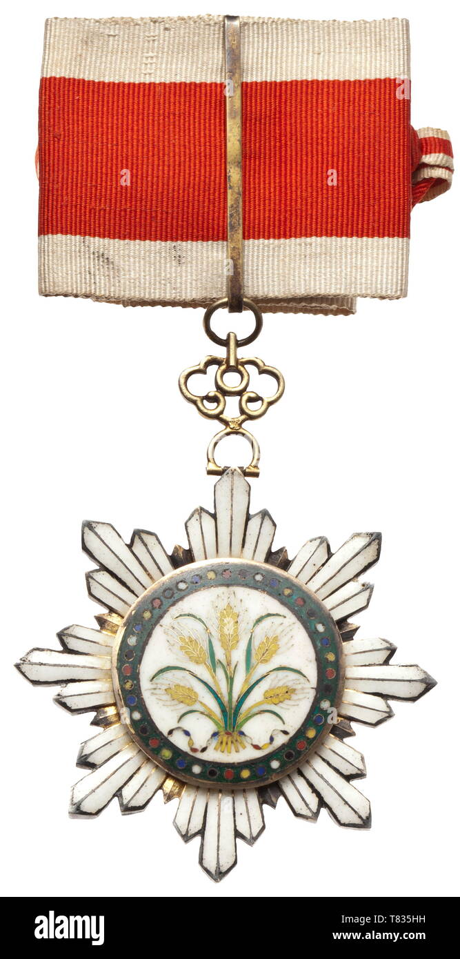 An Order of the Golden Grain Eight-pointed star, 3rd class, gilt silver, polychrome enamelled, on originally customised neck ribbon. The order and the miniature ribbon rosette is stored in a black lacquer case with the order and class specification in gold characters. The award was established when the Republic of China was founded in 1912 and only existed until 1929 when it was abolished and replaced by the Order of Brilliant Jade by President Chiang Kai-shek. Width 61.5 mm. Weight 59.4 g. historic, historical, 20th century, Additional-Rights-Clearance-Info-Not-Available Stock Photo