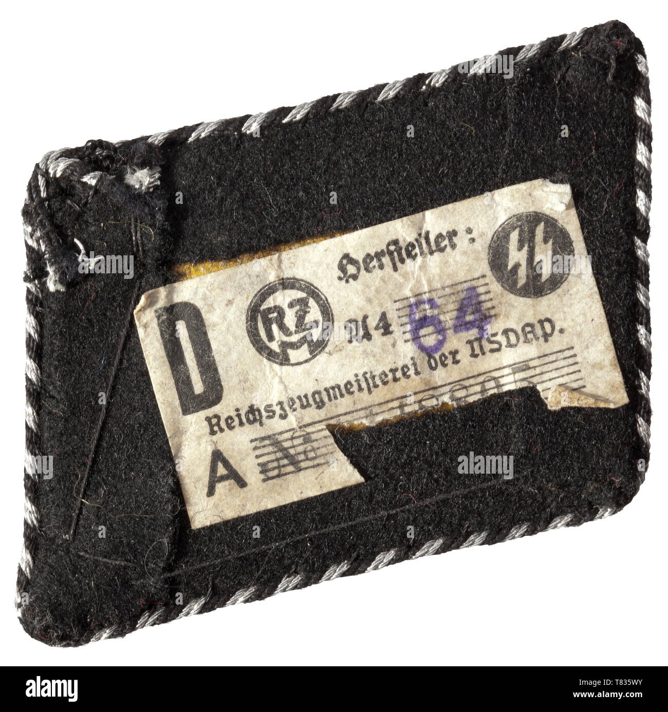 A collar patch for the SS dispositional troops for leaders of the SS school Brunswick Hand-embroidered metal thread on a black velvet backing. Continuous black-silver piping. Slightly damaged RZM paper tag on the reverse. historic, historical, 20th century, 1930s, 1940s, Waffen-SS, armed division of the SS, armed service, armed services, NS, National Socialism, Nazism, Third Reich, German Reich, Germany, military, militaria, utensil, piece of equipment, utensils, object, objects, stills, clipping, clippings, cut out, cut-out, cut-outs, fascism, fascistic, National Socialist, Editorial-Use-Only Stock Photo