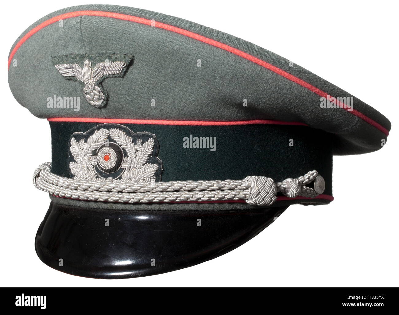 A visor cap for officers in the elegant saddle form, made of field-grey gabardine with dark green cap band, pink piping, hand-embroidered aluminium insignia (the eagle re-sewn), silver officer's cap cording. Brown leather sweat band, yellow silk lining and maker's label 'Tiller, A.G. in Wien'. historic, historical, 20th century, armoured corps, armored corps, tank force, tank forces, branch of service, branches of service, armed service, armed services, military, militaria, utensil, piece of equipment, utensils, object, objects, stills, army, Wehrmacht, NS, National Sociali, Editorial-Use-Only Stock Photo
