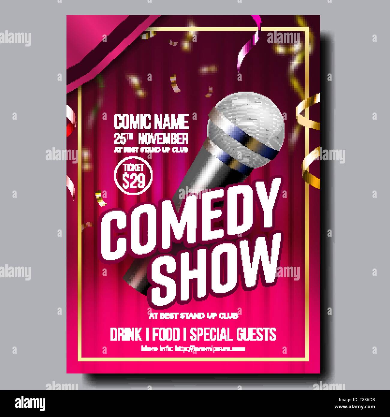 Modern Bright Poster Card Of Comedy Show Vector. Microphone, Golden  Confetti, Red Curtain On Background And Entertainment Depicted On Comedy  Performan Stock Vector Image & Art - Alamy