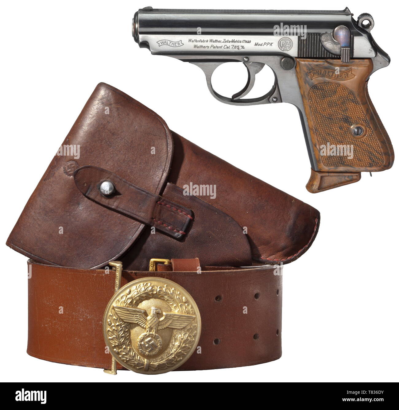 A Walther PPK ZM, PL - 'Ehrenwaffe des Politischen Leiters', with PL holster and belt Circa 1935, cal. 7.65 mm, no. 831502. Bright bore. Proof mark crown/N. 90ø safety. On the left of slide standard inscription diminished and moved to the left, adjacent on the right RZM (Reichszeugmeisterei) logo. Original highly polished finish with minimal traces of use on slide. Small parts blue. Mottled brown plastic grip panel. Correct magazine with early extension. Almost mint condition. Complete with worn cowhide holster without magazine section and withou, Additional-Rights-Clearance-Info-Not-Available Stock Photo