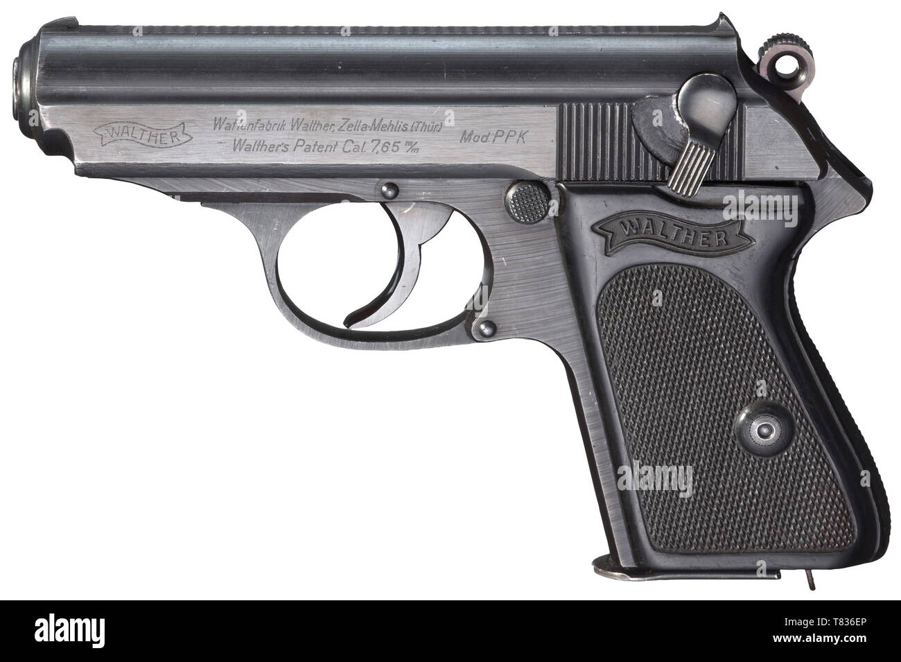 A Walther PPK ZM, Swedish hydroelectric power stations Circa 1942, 5th model, cal. 7.65 mm, no. 379003k. Matching numbers. Bright bore. Short grip spur, no heel on trigger guard/frame, traces of production. Standard inscription. On the right of slide inventory sign 'Nr 70 / STATENS VATTENFALLSVERK' for the security force of the Swedish hydroelectric power stations. Complete original finish including barrel and chamber, chamber finish with scratches. Original, black plastic grip panel. Correct magazine without extension. An extremely rare and soug, Additional-Rights-Clearance-Info-Not-Available Stock Photo