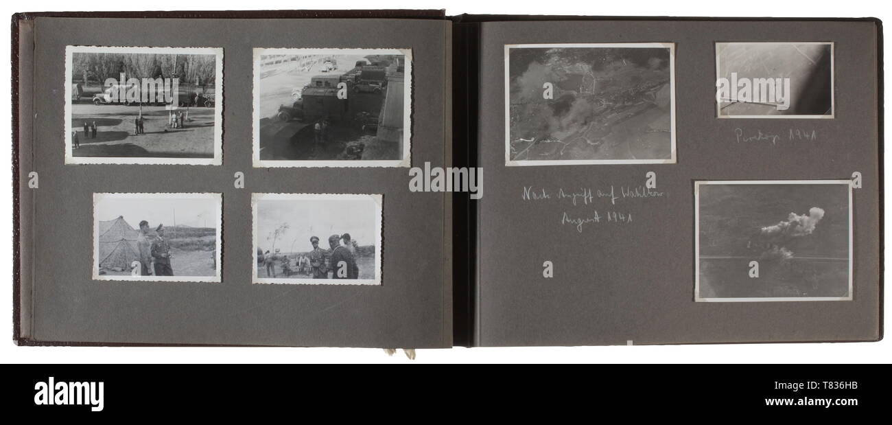 A photo album of Ground Attack Wing 77 A total of circa 57 outstanding images, some inscribed, from the later phase of the Second World War. In various formats, 6 x 9 to 13 x 18 cm. Images of technology, award ceremonies, portrait photos showing wearers of the Knight's Cross of the Iron Cross, aerial pictures. Ground Attack Wing 77 was formed in 1943 from a Stuka wing, and by the end of the war was employed as a tank destroyer formation. The album with an embossed national eagle and inscription, 32 x 23.5 cm. historic, historical, Air Force, branch of service, branches of s, Editorial-Use-Only Stock Photo