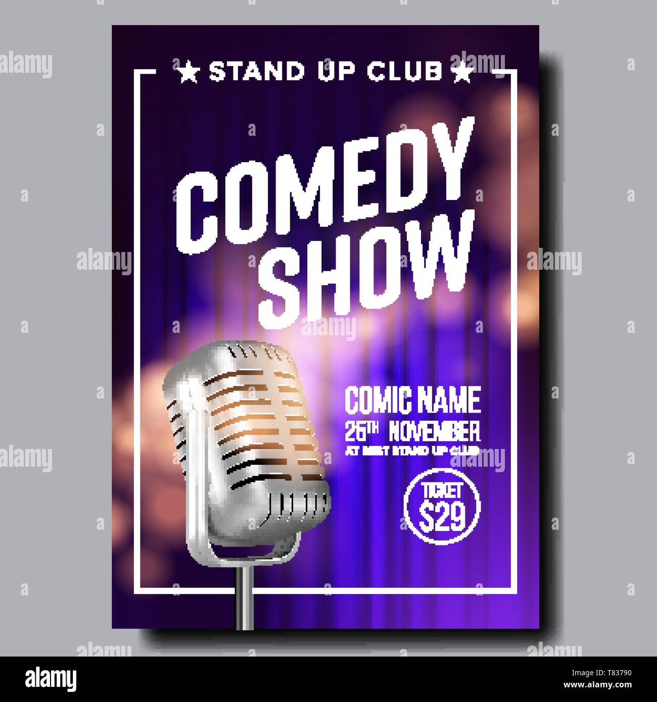 Poster Invitation To Comedy Show In Club Vector. Old Metal Microphone  Violet Curtain On Background Banner With Date, Ticket Price And Place Of  Show. R Stock Vector Image & Art - Alamy