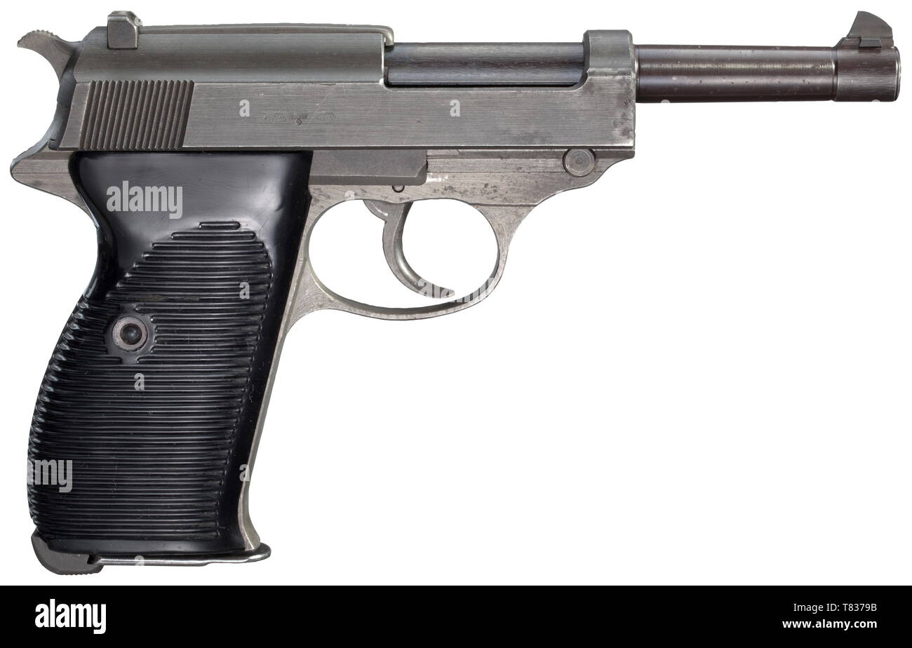 A Mauser P 38, code 'svw 45', Dual Tone Cal. 9 mm Parabellum, no. 9812e. Matching numbers. Mirror-like bore. Production end of March 1945. Acceptance marks eagle/WaA135 on main parts. Complete original bluing of barrel. Slide completely phosphatised dark grey, at front right minimally spotted, grip frame light grey. Flawless black plastic grip panels. Magazine with acceptance mark eagle/WaA135. Top item in almost mint condition. Erwerbsscheinpflichtig. historic, historical, 20th century, Additional-Rights-Clearance-Info-Not-Available Stock Photo