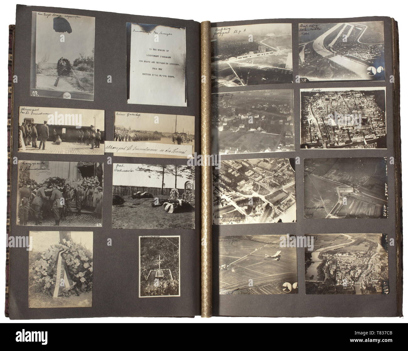 A photo album of Army Air Park 18 Inscribed album (30 x 42 x 3 cm) with ca. 235 high-quality images of the German flying corps during the First World War. Triplanes, biplanes and monoplanes of many types (Junkers, Pfalz, Fokker, Albatros, Rumpler etc.). Aerial views of military facilities, aircraft and towns (Paris, Reims, Abbeville, Troussures, St. Antoine, Beauvais, Clermont and many more). Images of groups wearing awards, trench views, airplanes with special painting, markings and other emblems. Also, four top-quality images of German tanks of the 'A7V' type, crashed or , Editorial-Use-Only Stock Photo