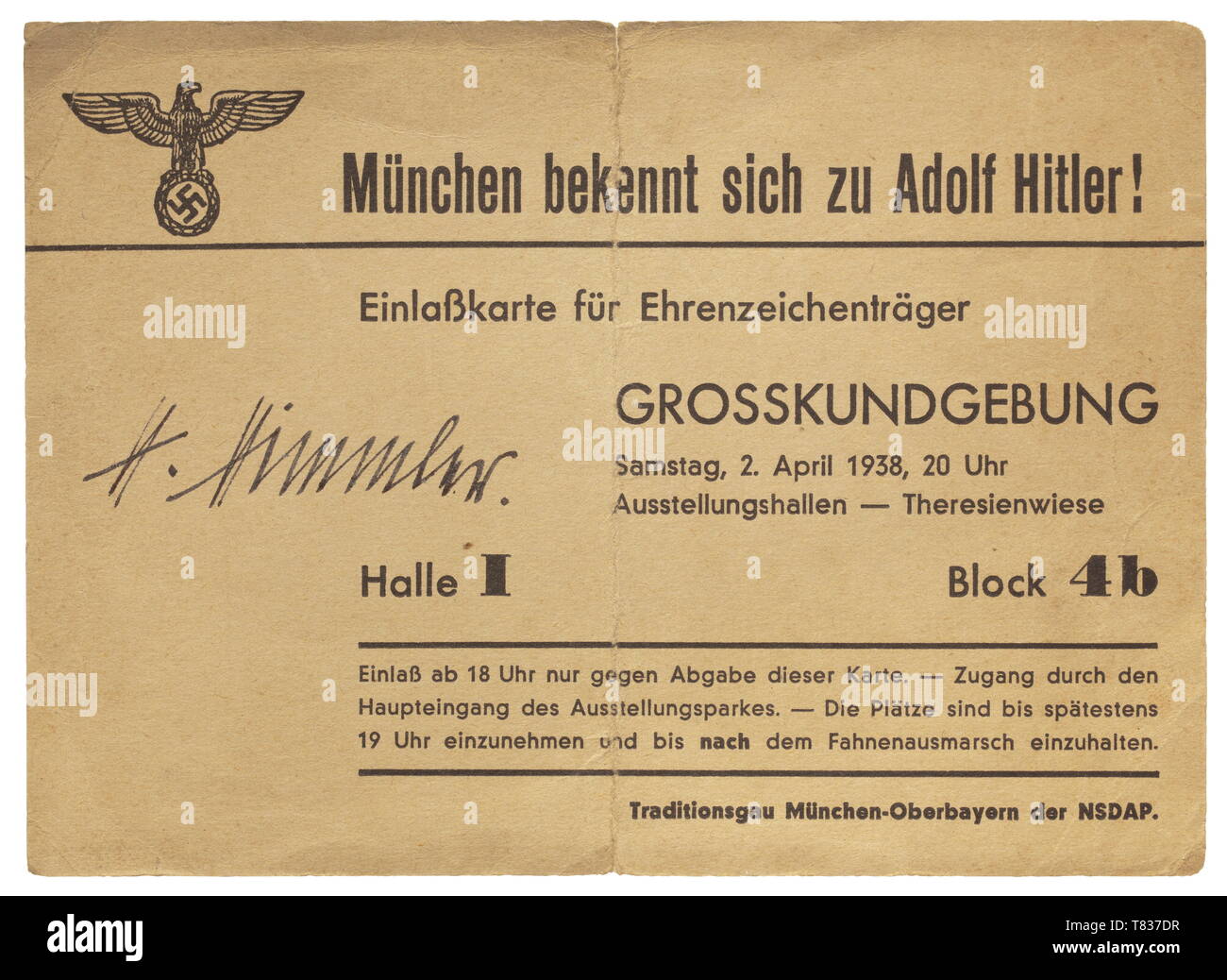 Heinrich Himmler An original signature in ink on an honour award winner's admission card for a mass rally of the NSDAP of the traditional Gau (district) Munich-Upper Bavaria on 2 April 1938. historic, historical, 20th century, 1930s, NS, National Socialism, Nazism, Third Reich, German Reich, Germany, German, National Socialist, Nazi, Nazi period, fascism, Editorial-Use-Only Stock Photo