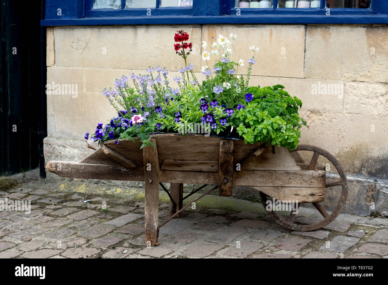 Old wooden wheelbarrow with spring flowers, High Street, Burford, Oxfordshire, England, UK Stock Photo