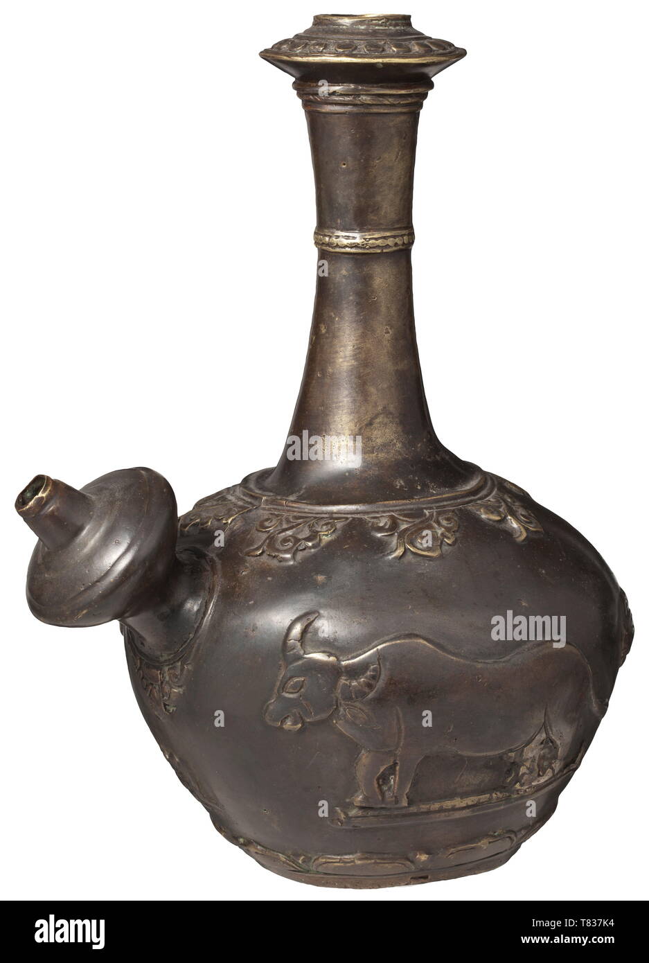 A hookah container Pakistan, Baltistan district, 19th century. Bronze. Hollow cast, globular body with continuous animal figures in relief. On the shoulder ornamental decoration with long conical neck. On the side a junction set off by a baluster for the hose. Height 31.5 cm. historic, historical, 19th century, Additional-Rights-Clearance-Info-Not-Available Stock Photo