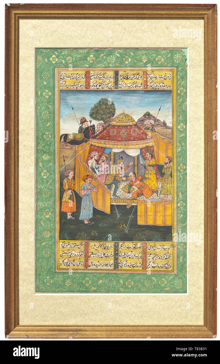 A miniature from the Shahnameh Kashmir, late 19th century. Gouache on paper. Polychrome painted miniature heightened in gold with the depiction of a beheading in front of a tent. Inscription at top and bottom, with a continuous floral border in gold. Framed, under glass and with matte. Size of frame 23.6 x 37 cm. historic, historical, 19th century, Additional-Rights-Clearance-Info-Not-Available Stock Photo