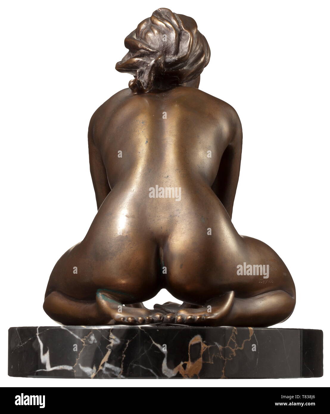Arno Breker (1900 - 1991) - Girl with a Headscarf Bronze with brown patina. Signed on the right calf 'Arno Breker', foundry stamp 'venturi arte' and number '308/499'. On beautiful marble base. Total height circa 23 cm. Good condition. Impressive, elegantly formed bronze statuette. Arno Breker is regarded as one of the most significant sculptors of classical tradition in the 20th century. In the long French-influenced European sculpting tradition he ranks among such names as Auguste Rodin, Charles Despiau and Aristide Maillol. historic, historical, 20th century, 1930s, 1940s, Editorial-Use-Only Stock Photo