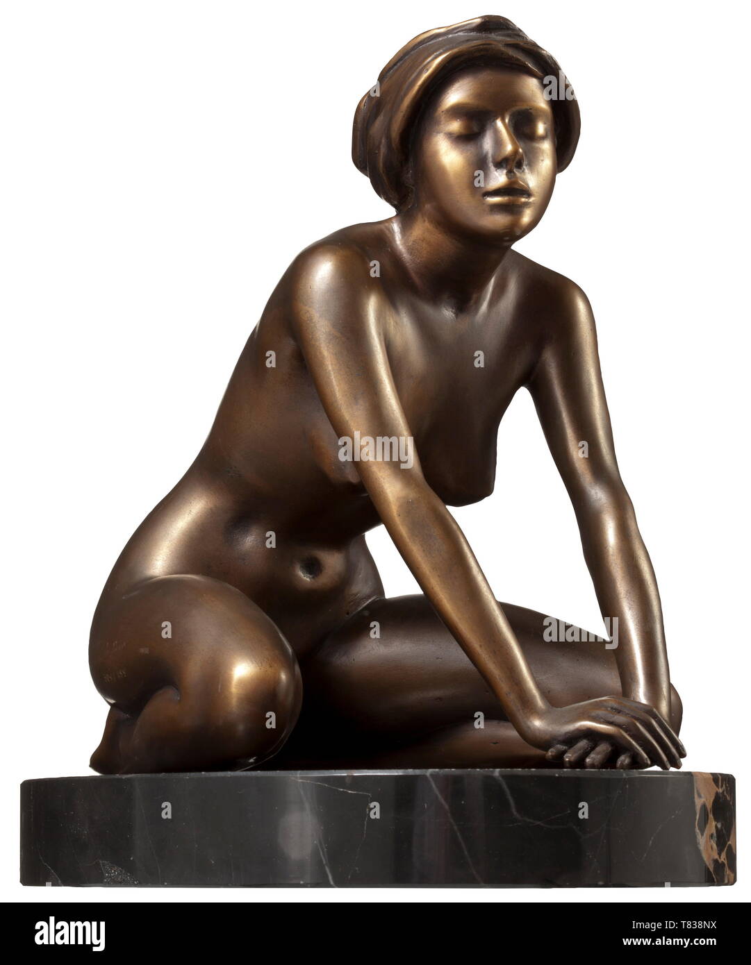 Arno Breker (1900 - 1991) - Girl with a Headscarf Bronze with brown patina. Signed on the right calf 'Arno Breker', foundry stamp 'venturi arte' and number '308/499'. On beautiful marble base. Total height circa 23 cm. Good condition. Impressive, elegantly formed bronze statuette. Arno Breker is regarded as one of the most significant sculptors of classical tradition in the 20th century. In the long French-influenced European sculpting tradition he ranks among such names as Auguste Rodin, Charles Despiau and Aristide Maillol. historic, historical, 20th century, 1930s, 1940s, Editorial-Use-Only Stock Photo