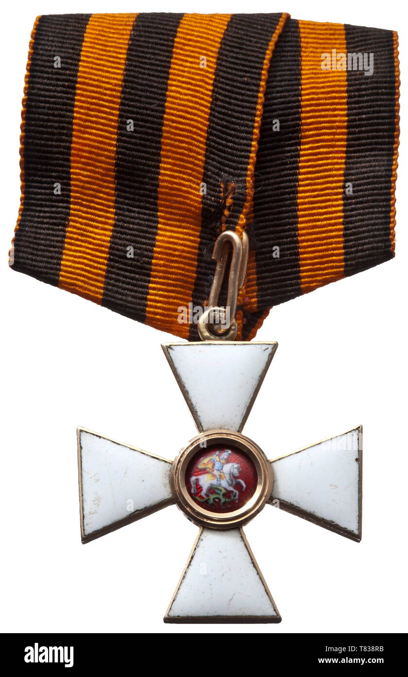 A 4th Class Cross of the Order of St. George Decoration of the order ca. 1850 with deep red, translucent enamel on the ray-shaped guilloche base coat of the obverse medallion, the figure of the saint rendered in fine enamel work. The award shows a few scratches and usage-caused rub marks to the completely preserved white enamel, and is punched 'FH' in the eyelet, probably for Friedrich Adolf Holstenius who from 1848 was a master in Zarskoje Selo and later in St. Petersburg and who taught Alexander E. Tillander. The enamel surface of the obverse m, Additional-Rights-Clearance-Info-Not-Available Stock Photo