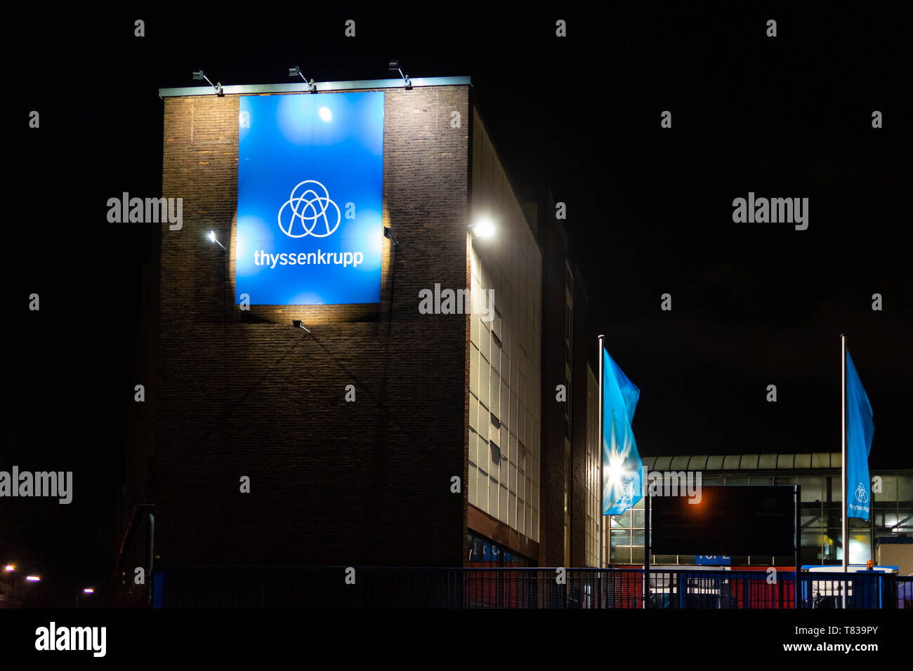 COLOGNE, GERMANY - May 02, 2019: thyssenkrupp Facility at night. Exterior of thyssenkrupp Schulte facility in Cologne, Germany. Stock Photo