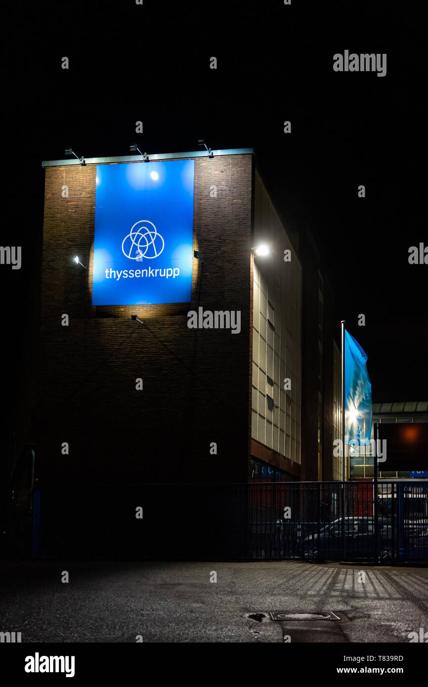 COLOGNE, GERMANY - May 02, 2019: thyssenkrupp Facility at night. Exterior of thyssenkrupp Schulte facility in Cologne, Germany. Stock Photo