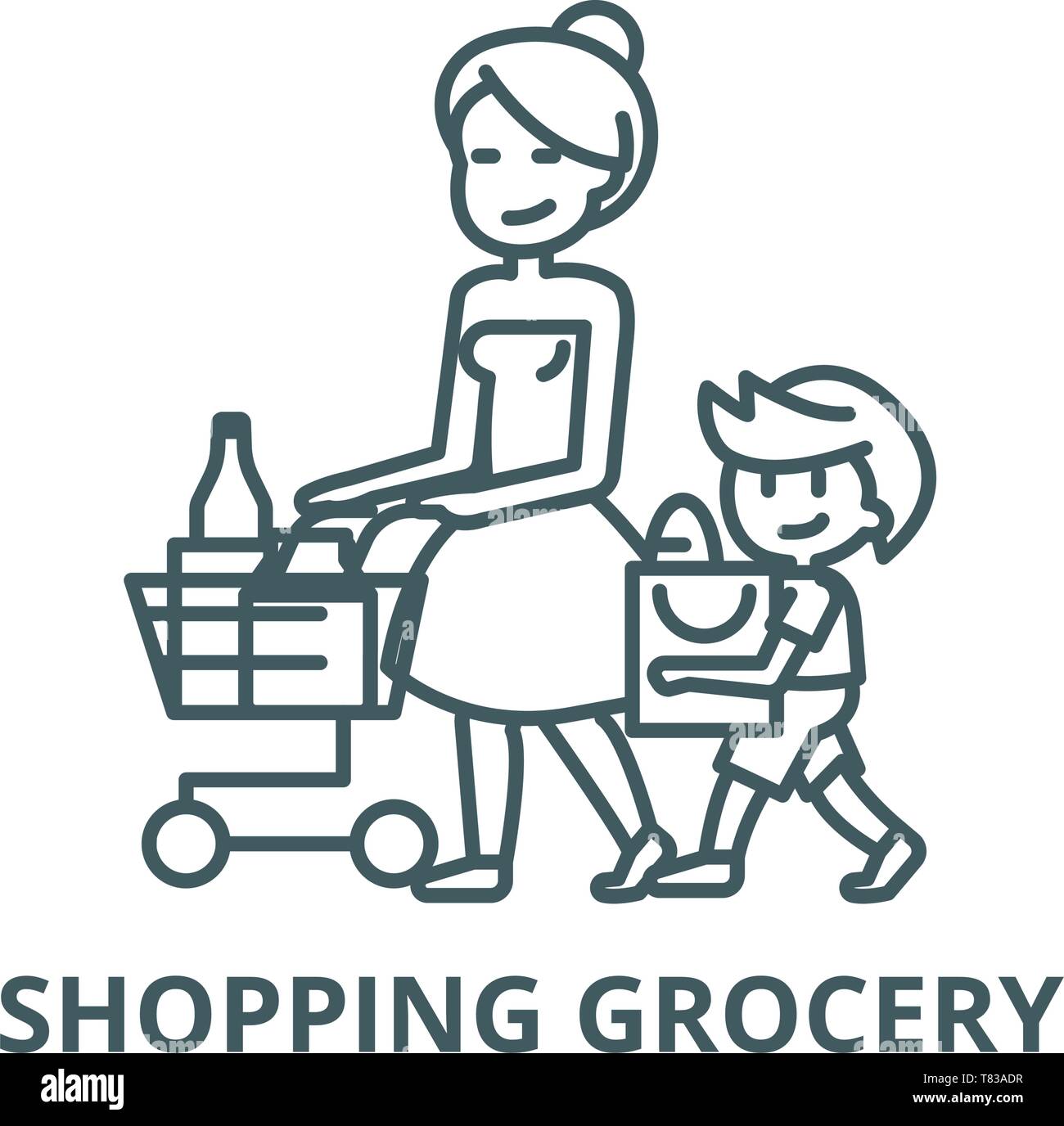 Shopping Grocery Mother With Son Vector Line Icon Linear Concept
